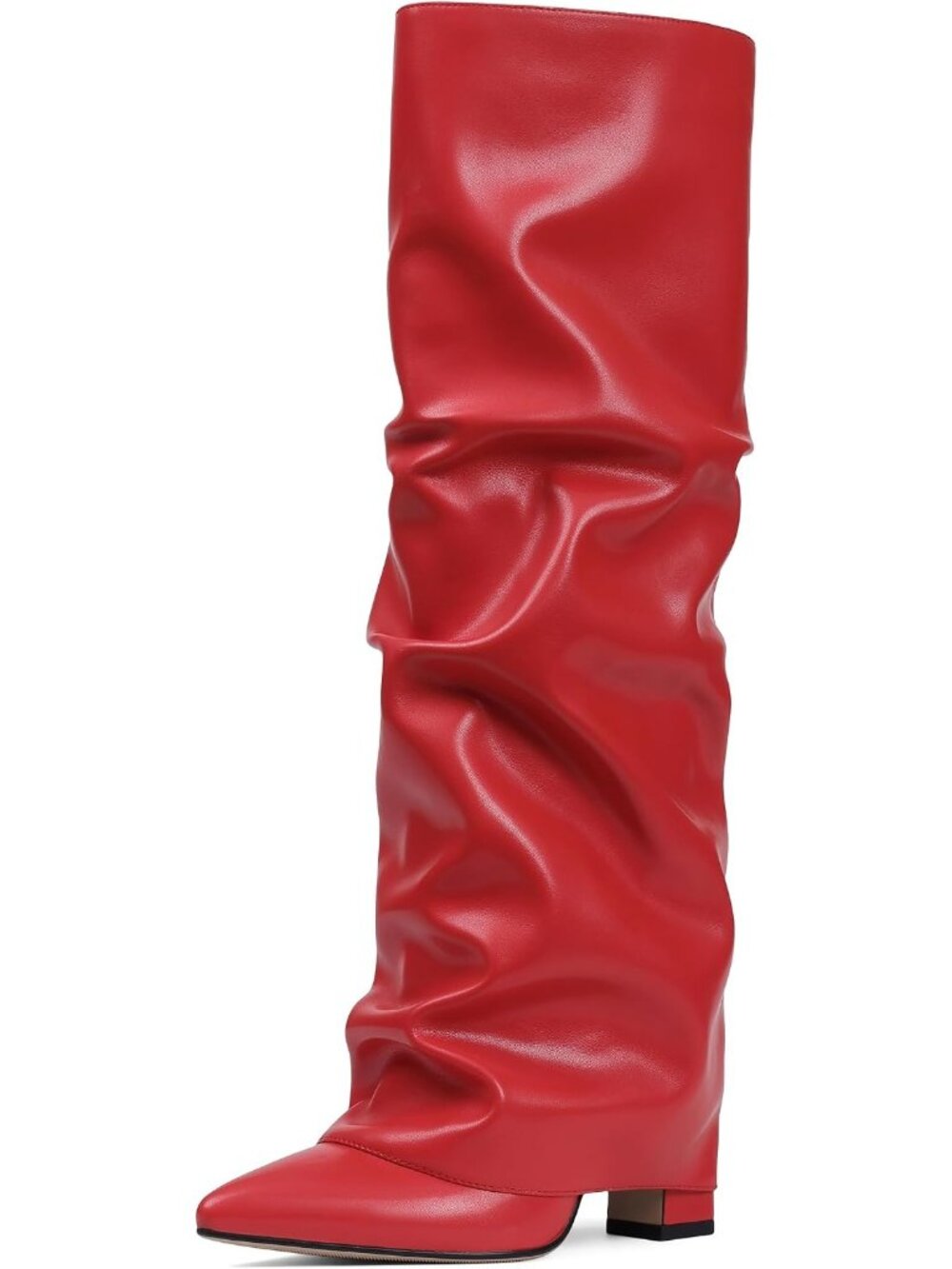 Women's Red Comfortable Pointed Toe Fold Over Chunky Slouchy Knee High Boots